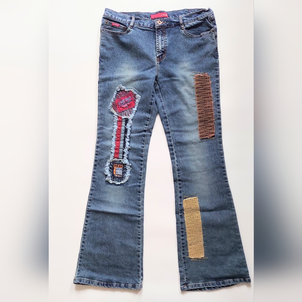Le More Unique Embroidered Patch Flared Denim Blue Jeans Size 13